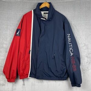 Vtg Y2K‎ Nautica Reversible Jacket Mens XL Spellout Logo Full Zip Stowable Hood